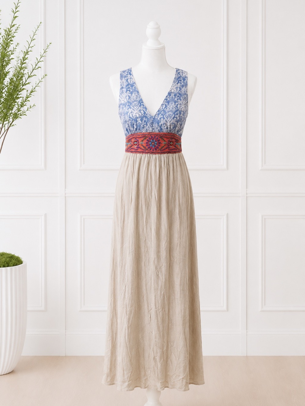 Flying Tomato Blue & Cream Boho Maxi Dress with Red Embroidered Waist - Picture 2 of 6